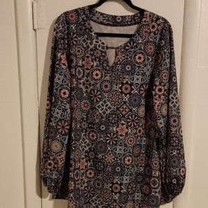 Pink and Orange Puff Sleeve Graphic Blouse